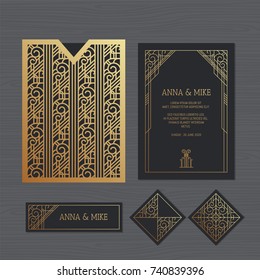 Luxury wedding invitation or greeting card with geometric ornament. Art Deco style. Paper lace envelope template. Wedding invitation envelope mock-up for laser cutting. Vector illustration. 