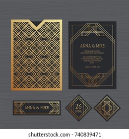 Luxury wedding invitation or greeting card with geometric ornament. Art Deco style. Paper lace envelope template. Wedding invitation envelope mock-up for laser cutting. Vector illustration. 