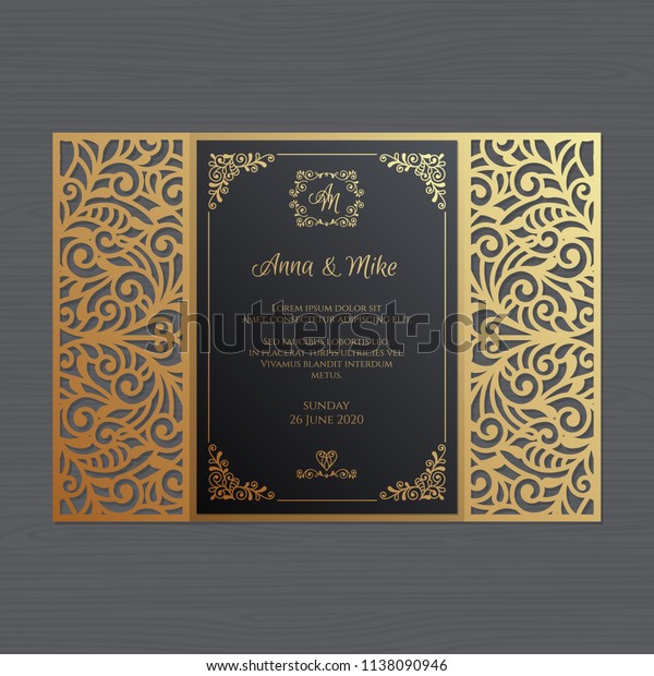Luxury wedding
invitation or greeting card with vintage floral ornament. Paper
lace envelope template. Wedding invitation envelope mock-up for
laser cutting. Vector
illustration.