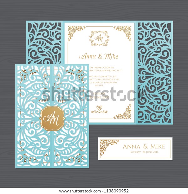 Luxury wedding\
invitation or greeting card with vintage floral ornament. Paper\
lace envelope template. Wedding invitation envelope mock-up for\
laser cutting. Vector\
illustration.