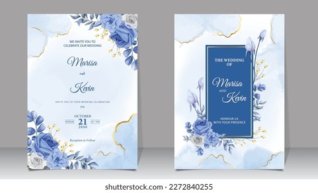 Luxury wedding invitation with light blue flowers and watercolor background