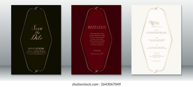 Luxury wedding invitation and menu set featuring a distinctive golden frame design with rich dark brown, deep red, and soft cream color backgrounds.