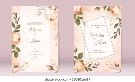 Luxury wedding invitation with peony and leaves on watercolor background