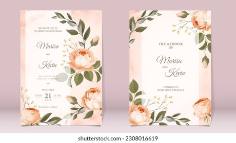 Luxury wedding invitation with peony and leaves on watercolor background