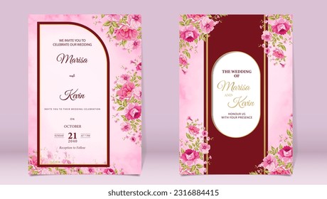Luxury wedding invitation with peony and leaves on watercolor background