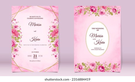 Luxury wedding invitation with peony and leaves on watercolor background