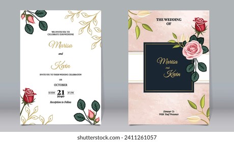 Luxury wedding invitation pink rose flowers and leaves decorate elements with watercolor background