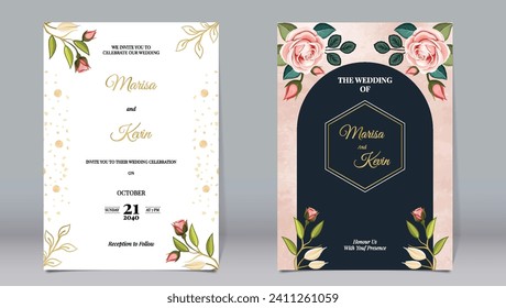 Luxury wedding invitation pink rose flowers and gold polygon elements decorate with watercolor background