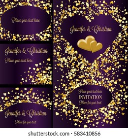 Luxury wedding invitation and rsvp card set, creative elements for Celebration event. two hearts together and sparkling heart - shaped gold confetti decoration, shiny and sparkle.
