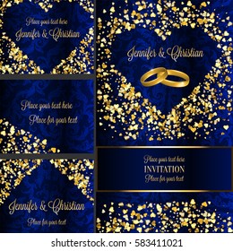 Luxury wedding invitation and rsvp card set, creative elements for Celebration event. two wedding rings together and sparkling heart - shaped gold confetti decoration, shiny and sparkle.