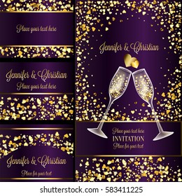 Luxury wedding invitation and rsvp card set, creative elements for Celebration event. two transparent glasses of Champagne, full of hearts and sparkling heart - shaped gold confetti, shiny and sparkle