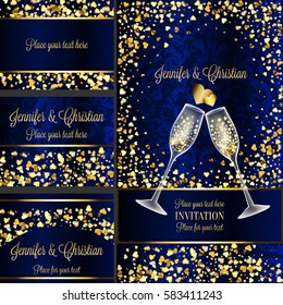 Luxury wedding invitation and rsvp card set, creative elements for Celebration event. two transparent glasses of Champagne, full of hearts and sparkling heart - shaped gold confetti, shiny and sparkle