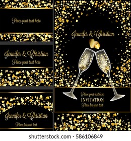 Luxury wedding invitation and rsvp card set, creative elements for Celebration event. two transparent glasses of Champagne, full of hearts and sparkling heart - shaped gold confetti, shiny and sparkle