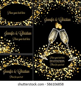 Luxury wedding invitation and rsvp card set, creative elements for Celebration event. two transparent glasses of Champagne, full of hearts and sparkling heart - shaped gold confetti, shiny and sparkle