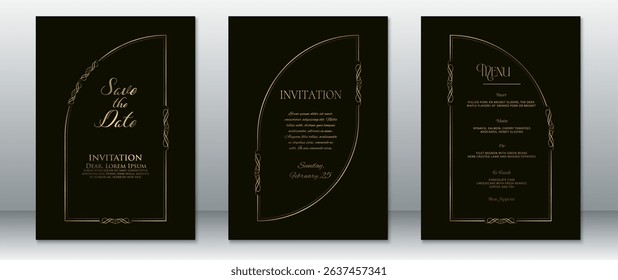 Luxury wedding invitation set in black and gold with elegant ornamental frame. Includes Save the Date, formal invitation, and menu design. Perfect for classic, elegant, or modern-themed weddings.