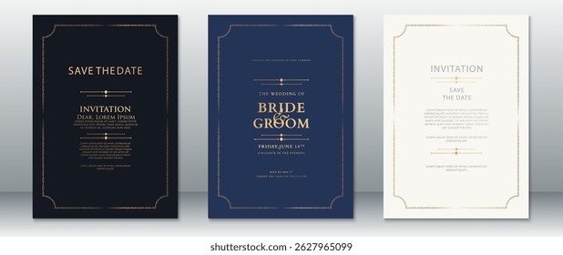 Convite de casamento de luxo definido com fundo escuro e quadro de ouro elegante. Inclui projetos de data, convite e lançamento formal. Ideal para casamentos de estilo elegante, real ou clássico.

