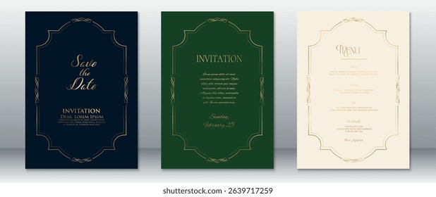 Luxury wedding invitation set designed with elegant gold frames on dark navy, green, and soft cream backgrounds. Includes save-the-date, invitation, and menu cards.
