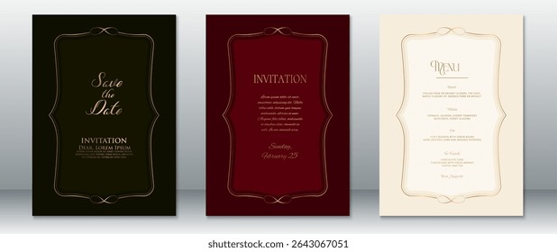Conjunto de convites de casamento de luxo projetado com quadros vintage dourados em verde escuro, borgonha e fundos de creme macio. Perfeito para eventos de casamento formais, vintage e temáticos rústicos.
