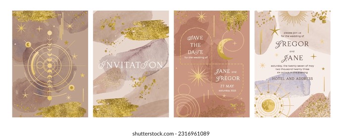 Luxury wedding invitation set. Elegant trendy flyers with gold ornaments, moon and stars for VIP party or celebration event. Fashion posters with template text. Watercolor flat vector illustrations