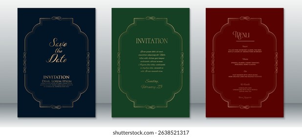 Luxury wedding invitation set featuring gold ornate frames and dark jewel-tone backgrounds in navy, green, and burgundy. Includes save-the-date, invitation, and menu