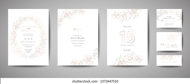 Luxury Wedding Invitation Set with Floral Elements. Save the Date Card Collection with Foliage Golden Flowers. RSVP Design with Leaves Ornament. Vector illustration