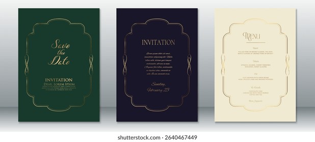 Luxury wedding invitation set with golden frame accents on emerald, navy, and cream backgrounds. Features elegant typography and classic layout, perfect for formal and sophisticated celebrations.

