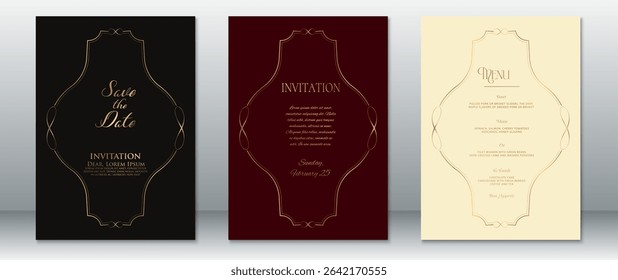 Luxury wedding invitation set with golden frame on black and burgundy backgrounds. Features classic typography and ornate layout, perfect for vintage, formal, and sophisticated events.