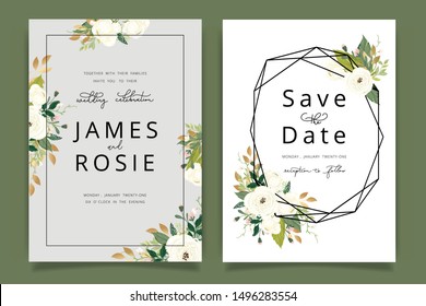 Luxury Wedding Invitation set,  invite thank you, rsvp modern card Design in Golden and white rose with leaf greenery branches  decorative Vector elegant rustic template