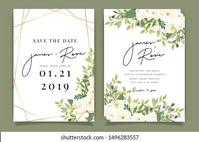 Luxury Wedding Invitation set,  invite thank you, rsvp modern card Design in Golden and white rose with leaf greenery branches  decorative Vector elegant rustic template