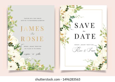 Luxury Wedding Invitation set,  invite thank you, rsvp modern card Design in Golden and white rose with leaf greenery branches  decorative Vector elegant rustic template
