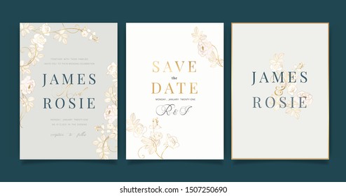 Luxury Wedding Invitation set,  invite thank you, rsvp modern card Design in Golden and white rose with leaf greenery branches  decorative Vector elegant rustic template