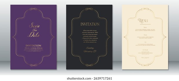 Luxury wedding invitation set with ornate gold frames on purple, black, and cream backgrounds. Includes Save the Date, formal invitation, and wedding menu templates. 