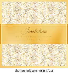 Luxury wedding invitation template with gold shiny realistic ribbon. Square card layout with rich golden pattern on white. Isolated. Design for bridal shower, save the date, banner, brochure, poster.
