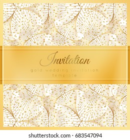 Luxury wedding invitation template with gold shiny realistic ribbon. Square card layout with rich golden pattern on white. Isolated. Design for bridal shower, save the date, banner, brochure, poster.