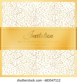 Luxury wedding invitation template with gold shiny realistic ribbon. Square card layout with rich golden pattern on white. Isolated. Design for bridal shower, save the date, banner, brochure, poster.