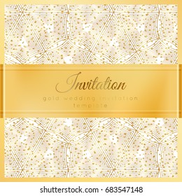 Luxury wedding invitation template with gold shiny realistic ribbon. Square card layout with rich golden pattern on white. Isolated. Design for bridal shower, save the date, banner, brochure, poster.