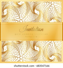Luxury wedding invitation template with gold shiny realistic ribbon. Square card layout with rich golden pattern on white. Isolated. Design for bridal shower, save the date, banner, brochure, poster.