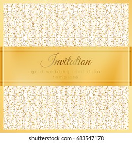 Luxury wedding invitation template with gold shiny realistic ribbon. Square card layout with rich golden pattern on white. Isolated. Design for bridal shower, save the date, banner, brochure, poster.