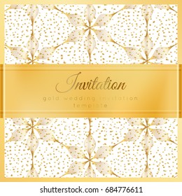 Luxury wedding invitation template with gold shiny realistic ribbon. Square card layout with rich golden pattern on white. Isolated. Design for bridal shower, save the date, banner, brochure, poster.