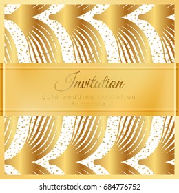 Luxury wedding invitation template with gold shiny realistic ribbon. Square card layout with rich golden pattern on white. Isolated. Design for bridal shower, save the date, banner, brochure, poster.
