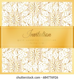 Luxury wedding invitation template with gold shiny realistic ribbon. Square card layout with rich golden pattern on white. Isolated. Design for bridal shower, save the date, banner, brochure, poster.