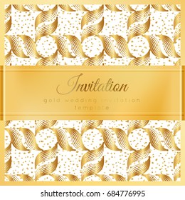 Luxury wedding invitation template with gold shiny realistic ribbon. Square card layout with rich golden pattern on white. Isolated. Design for bridal shower, save the date, banner, brochure, poster.