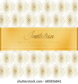 Luxury wedding invitation template with gold shiny realistic ribbon. Square card layout with rich golden pattern on white. Isolated. Design for bridal shower, save the date, banner, brochure, poster.