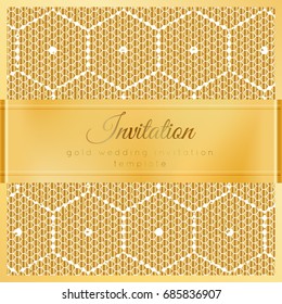Luxury wedding invitation template with gold shiny realistic ribbon. Square card layout with rich golden pattern on white. Isolated. Design for bridal shower, save the date, banner, brochure, poster.