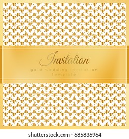 Luxury wedding invitation template with gold shiny realistic ribbon. Square card layout with rich golden pattern on white. Isolated. Design for bridal shower, save the date, banner, brochure, poster.