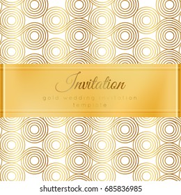 Luxury wedding invitation template with gold shiny realistic ribbon. Square card layout with rich golden pattern on white. Isolated. Design for bridal shower, save the date, banner, brochure, poster.