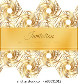Luxury wedding invitation template with gold shiny realistic ribbon. Square card layout with rich golden pattern on white. Isolated. Design for bridal shower, save the date, banner, brochure, poster.