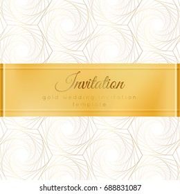 Luxury wedding invitation template with gold shiny realistic ribbon. Square card layout with rich golden pattern on white. Isolated. Design for bridal shower, save the date, banner, brochure, poster.