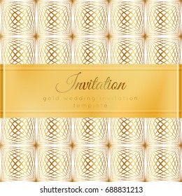 Luxury wedding invitation template with gold shiny realistic ribbon. Square card layout with rich golden pattern on white. Isolated. Design for bridal shower, save the date, banner, brochure, poster.