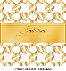 Luxury wedding invitation template with gold shiny realistic ribbon. Square card layout with rich golden pattern on white. Isolated. Design for bridal shower, save the date, banner, brochure, poster.